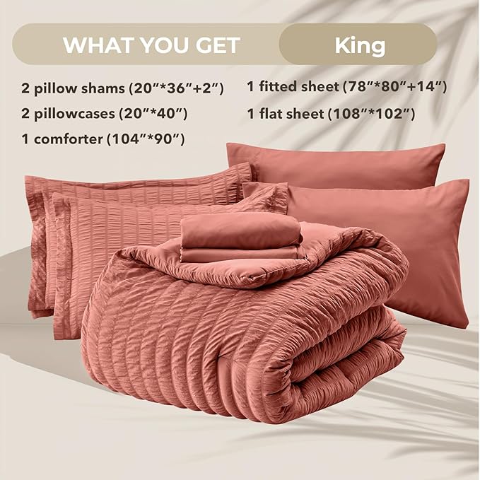 HYMOKEGE Coral King Size Comforter Set Seersucker 7 Pieces, All Season Luxury Bed in a Bag for Bedroom, Bedding Set with Comforter, Sheets, Pillowcases & Shams