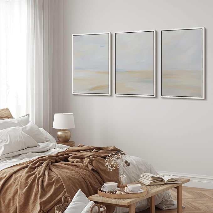 MUDECOR Framed Wall Art Print Set Minimalist Coastal Horizon in Soft Blue and Sand Colors Illustrations Modern Art Boho Decorative Chic for Living Room, Bedroom, Office - 16"x24"x3 White