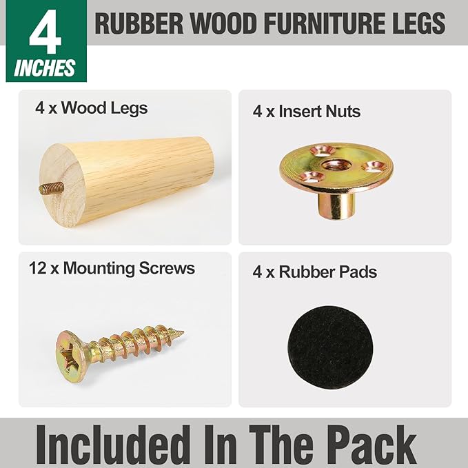 FoDau770 Rubber Wood Furniture Legs 4 Inches, Straight Tapered Wood Feet Mid Century Sofa Legs Set of 4, 5/16" UNC Furniture Feet Replacement Parts for Cabinet Couch Dresser Chair Ottoman Table