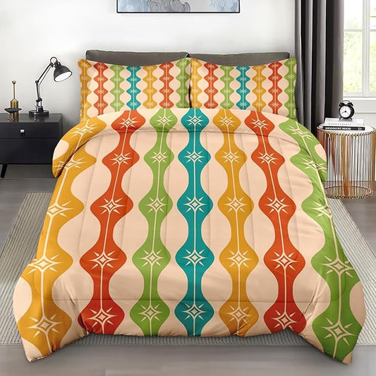 Pamnest Comforter Set Queen Size, Mid Century Atomic Colorful Soft Bedding for Kids and Adults, Green Teal Orange Comforter Set with 2 Pillowcases for Bedroom Bed Decor