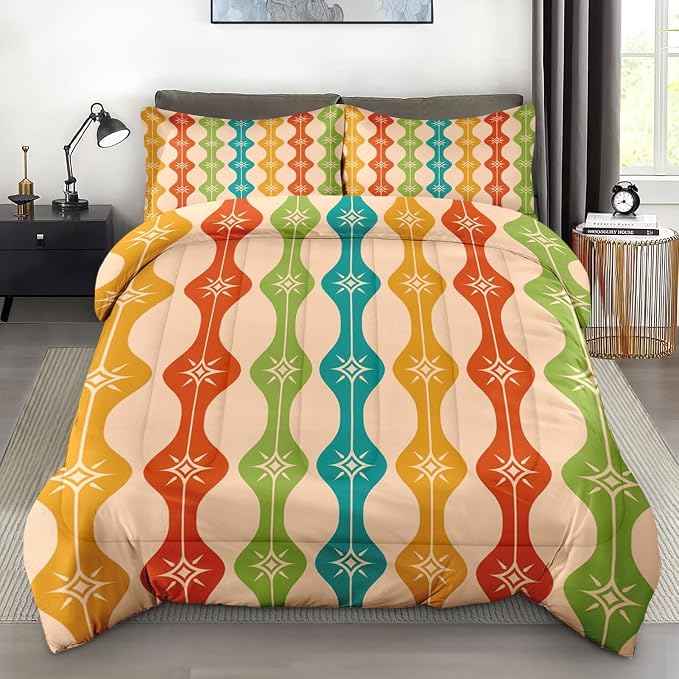 Pamnest Comforter Set Twin Size, Mid Century Atomic Colorful Soft Bedding for Kids and Adults, Green Teal Orange Comforter Set with Pillowcases for Bedroom Bed Decor