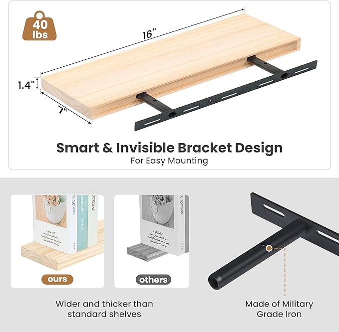 Fun Memories Wood Floating Shelves Set of 2, Rustic Pine Wood Floating Shelves for Wall Mounting, Wide Wall Shelf for Home Decor and Storage, 16" W x 7" D, Natural Unfinished, DIY Stain