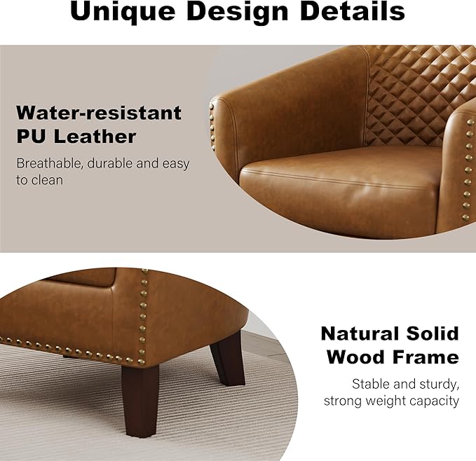 Accent Barrel Chair, Upholstered Faux Leather Club Chair with Nailed Trim, Comfy Reading Armchair for Living Room Bedroom Reception Room Office (Coffee, Set of 4)