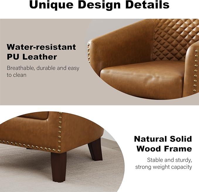 Accent Barrel Chair, Upholstered Faux Leather Club Chair with Nailed Trim, Comfy Reading Armchair for Living Room Bedroom Reception Room Office (Coffee, Set of 4)