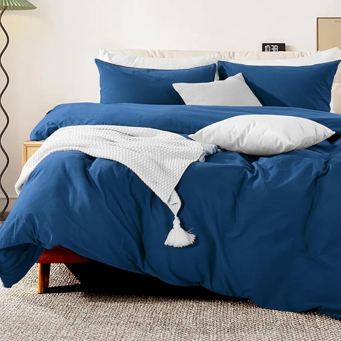 NEXHOME PRO Duvet Cover Set Queen Size Linen Feel Textured Navy Organic Natural 100% Washed Cotton Duvet Cover 3 Pieces Bedding Set with Zipper Closure, Breathable, Soft (No Comforter)