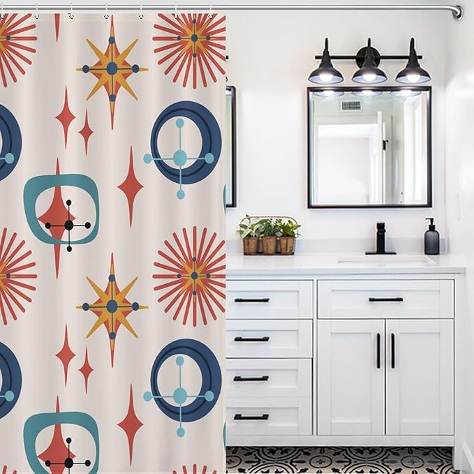 Retro 50s Shower Curtain Mid Century Modern Geometric Stars Colors Pattern Duty Fabric Shower Curtains Set Bathroom Polyester Waterproof with 12 Hooks, 55x72Inch（140x183cm）