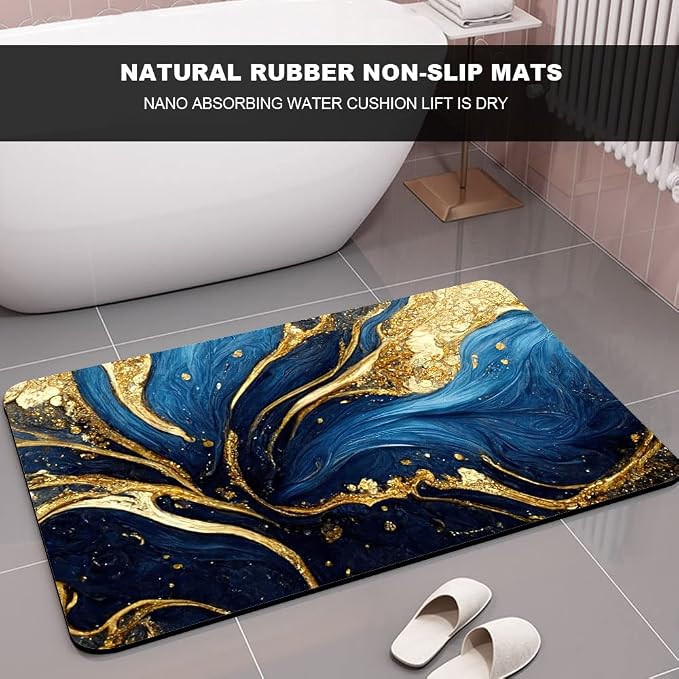 Diatomaceous Earth Bath Mat,Blue and Gold Marble Texture Non-Slip Volume Super Absorbent Fast Drying for Bathroom Kitchen Door mat,Eco-Friendly Easy to Clean 20×31Inch(50 * 80cm)