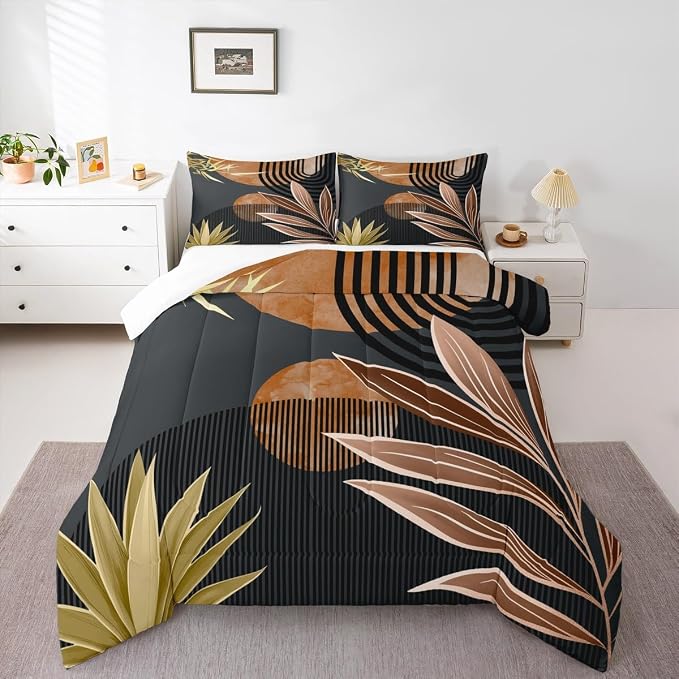 Erosebridal Boho Mid Century Comforter Set King Modern Minimalist Simplistic Bedding Set,Retro Geometric Aesthetic Down Comforter Line Art Duvet Insert Circle Stripes Decor,Brown Black