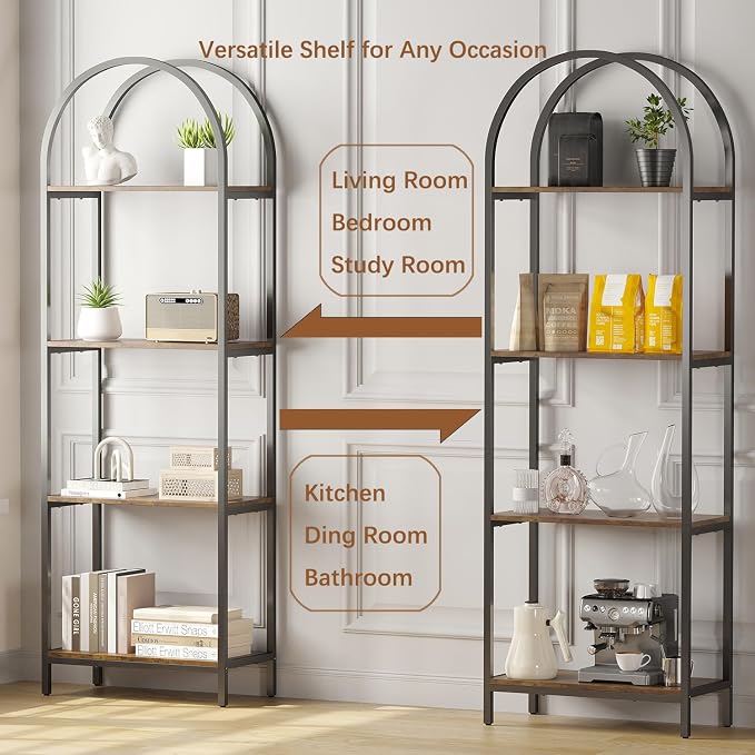 Bookshelf Arched Bookcase, Industrial 4-Tier Open Book Shelves with Metal Frame, 72" Tall Freestanding Storage Display Rack for Home Office, Living Room (Rustic Brown, 4 Tier Arched)
