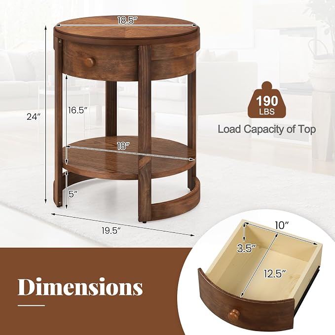 GOFLAME Round Side Table with Drawer, Retro 2-Tier Nightstand with Shelf & Wood Grains, Vintage Wooden Accent Table, Mid-Century Modern End Tables for Living Room, Bedroom, Walnut