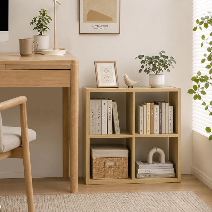 Endearing Limons【2026 Wooden Thick Border】 4 Cube Shelf Storage Organizer with Anti-Tipping Kits + Reversible Open Back Bookcase (11 * 11 Unit Cell Oak)