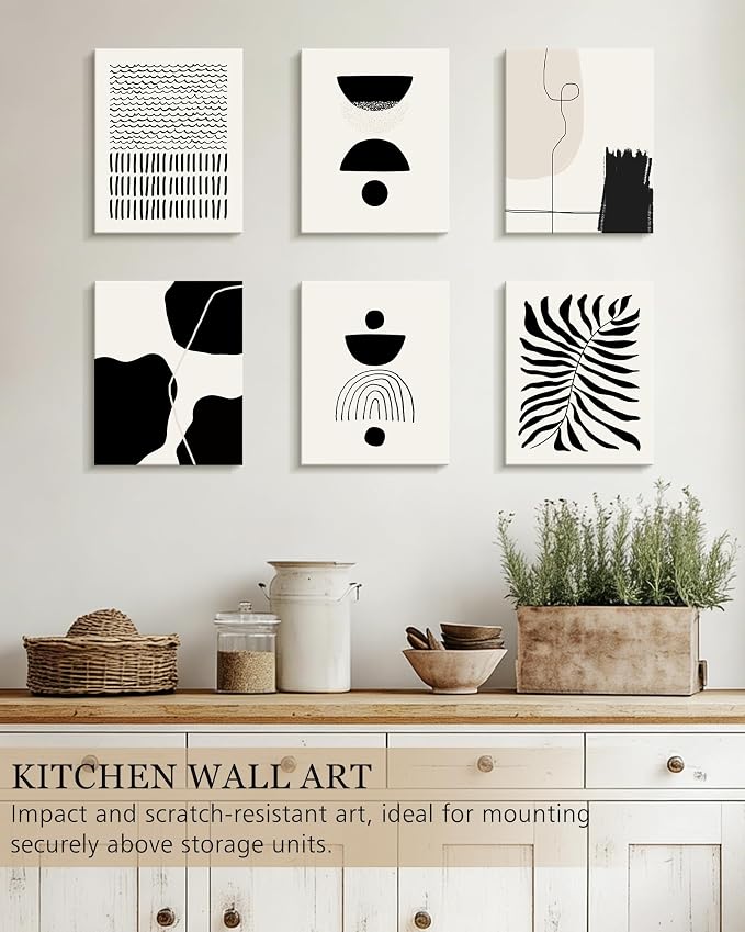 KUVIOKE Black Abstract Framed Wall Art Boho Room Decor Set of 6 Minimalist Geometric Line Art Bohemian Mid Century Modern Prints for Bedroom Living Room 8x10in (Framed)