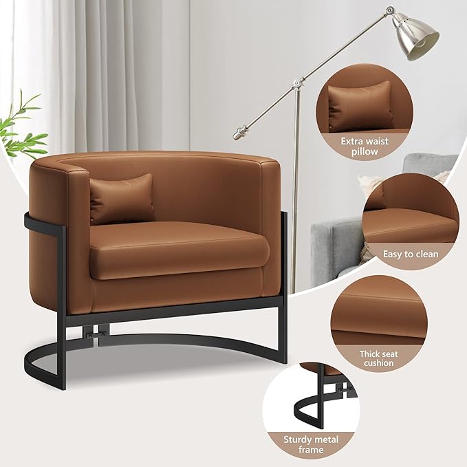 Brown Faux Leather Barrel Accent Chair Modern Upholstered Armchair for Living Room Bedroom Single Sofa Chair Club Side Chairs