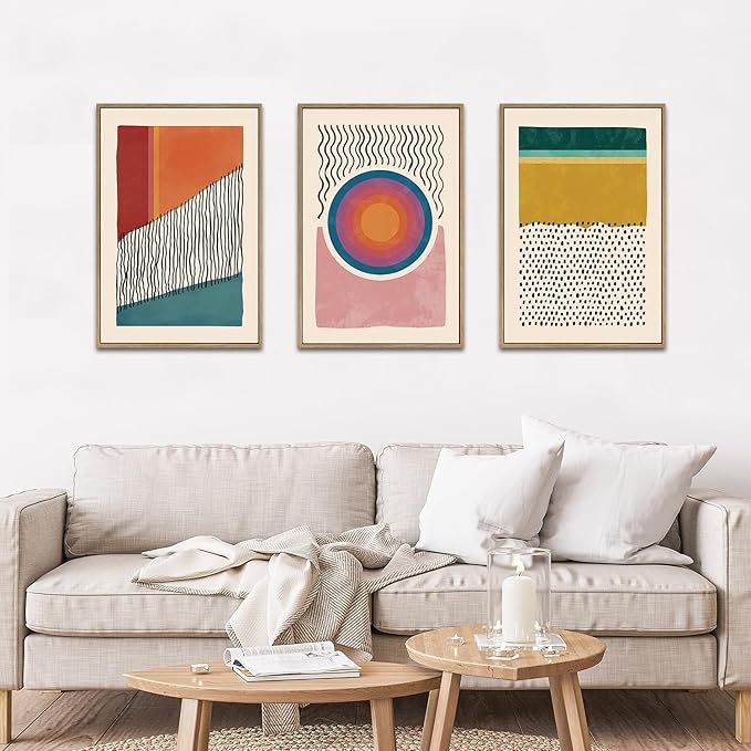 HPINUB Boho Framed Canvas Prints Wall Art Set, Mid-Century Abstract Color Block Shape Wall Decor, Geometric Illustrations Art Photos for Living Room, Bedroom, Dining Room, Office, Bathroom-24"x36"x3