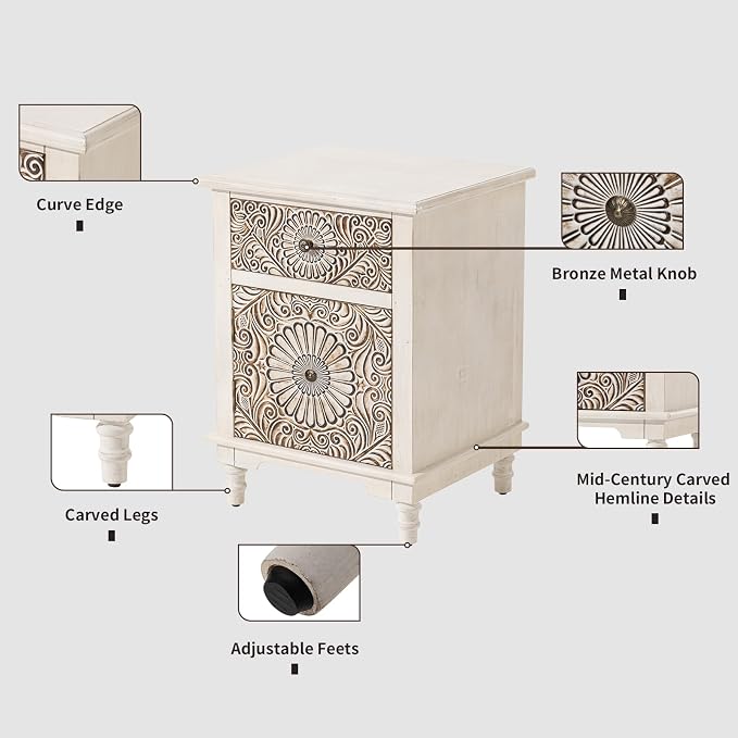 HOMPUS White Nightstand with Drawer & Storage, Fully-Assembled Flower Motif Night Stand for Small Spaces, 2 Drawer End Table with Storage for Living Room, Bedroom, Distress White
