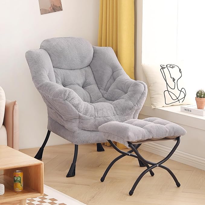Tiita Lazy Chair with Ottoman, Light Grey Modern Large Accent Armchair, Comfy Leisure Sofa Reading Chair with Footrest for Bedroom, Living Room, Dorm Rooms, Garden, Plush Light Grey