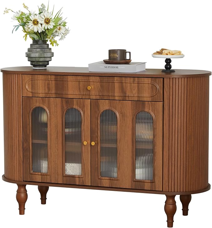 XUZENEST 47'' Fluted Sideboard Buffer Cabinet with Drawer, Modern Credenza Storage Cabinet, Bar Cabinet Console Table with Tambour Sliding Side for Living Dining Room Kitchen Hallway Entryway, Walnut