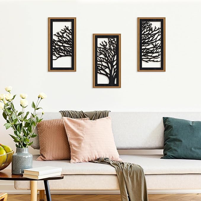 Celestdeco 3 Pcs Black Tree Wall Decor Boho Modern Nature Artwork Tree of Life Wood Wall Art Branch Silhouette Laser Art Decor for Living Room Bedroom Office 7.9 x15.8 Inch