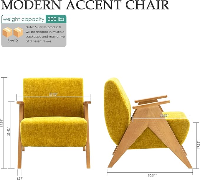 Home Accent Chair Mid Century Modern Accent Chair with Wood Frame, Lounge Upholstered Armchair, Reading Chair, Sturdy Base,For Living Room, Bedroom,Office,Comfy Guest Waiting Room Chairs,Yellow