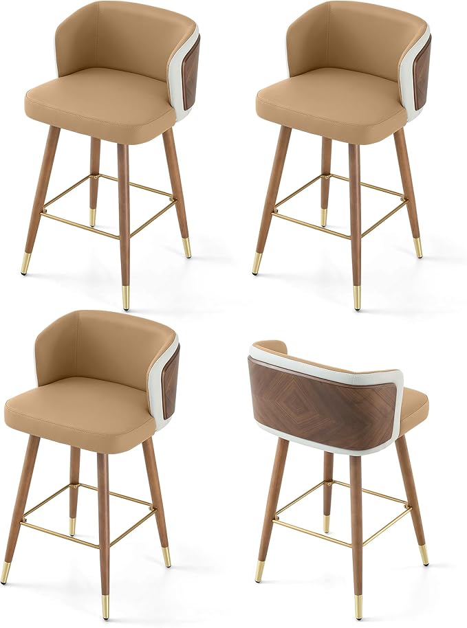 ARTPLAN Mid Century Modern Bar Stools Set of 4 for Counter Height - Leather Upholstered Seat with Walnut Wood Frame, Retro 34 Inch Bar Chairs for Home Kitchen Island, Bar, Breakfast Nook,Lingt Coffee