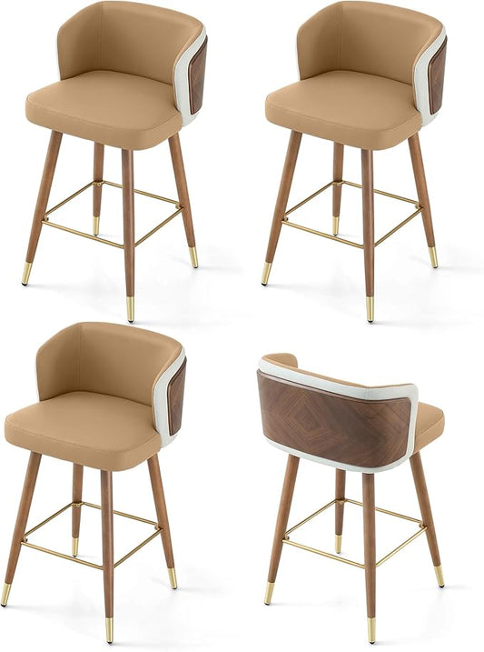 ARTPLAN Mid Century Modern Bar Stools Set of 4 for Counter Height - Leather Upholstered Seat with Walnut Wood Frame, Retro 34 Inch Bar Chairs for Home Kitchen Island, Bar, Breakfast Nook,Lingt Coffee