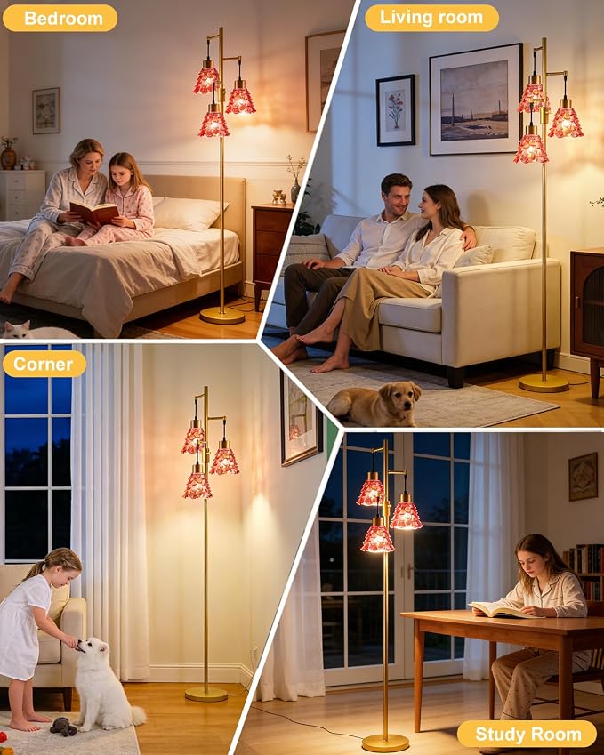 Lightdot 67" Glass Floor Lamps for Living Room, 3-Light Dimmable Floor Lamp with Rose Red Glass Shade& Bulbs Included, Mid Century Standing Tall Lamp with 5Lbs Heavy Base for Bedroom/Sofa Beside-Gold