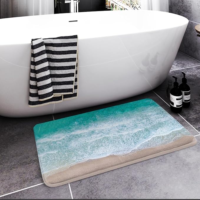 Britimes Bath Mat for Bathroom No Slip Blue Beach Sand Waves Washable Cover Floor Rug Carpets Floor Mat Bathroom Decorations 18x30 inches for Kitchen Bedroom Indoor