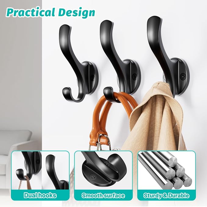Coat Hooks Heavy Duty - Easy to Install Metal Towel Hooks Screw-in Wall Hooks for Hanging Hat, Towel, Key, Robe, Scarf, Bag, Cap (8 PCS Black)