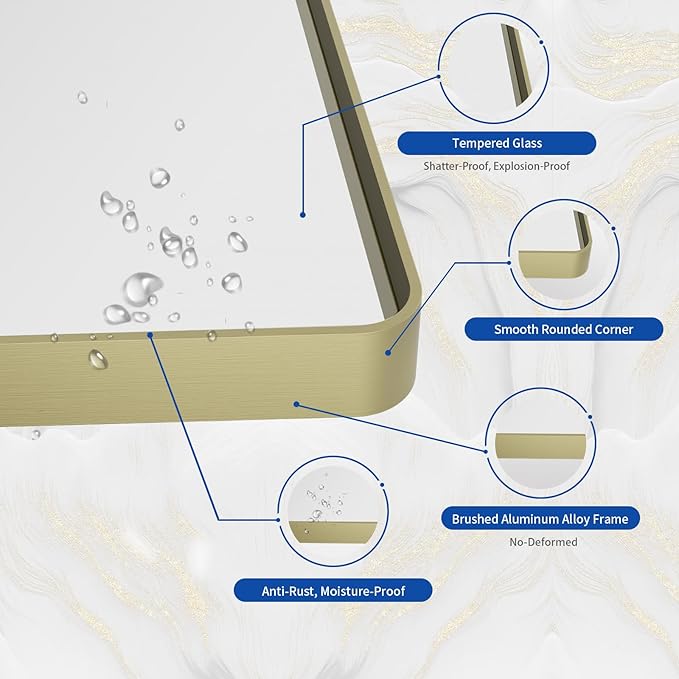 WEER Gold Bathroom Mirror, 60X36 Inch Brushed Gold Metal Frame Mirror, Rounded Rectangle Gold Bathroom Vanity Mirror for Wall, Tempered Glass, Anti-Rust, Hangs Horizontally or Vertically