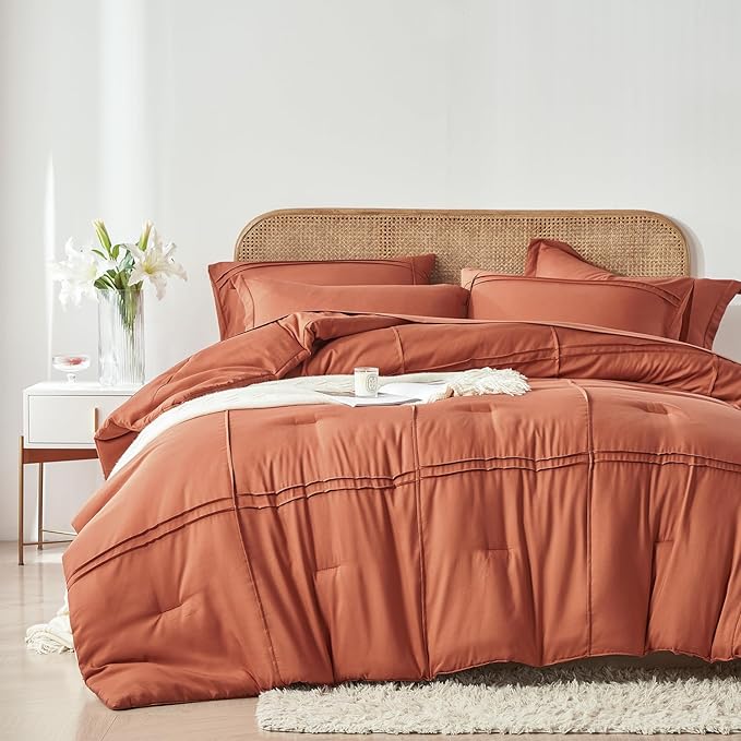 Yogeneg King Size Comforter Set 7 Piece Bed in a Bag,Grid Pinch Pleat Terracotta Bedding Set,Striped Textured Soft Microfiber Comforter with Sheet Set,All Season Complete Bed Set(Terracotta,King)