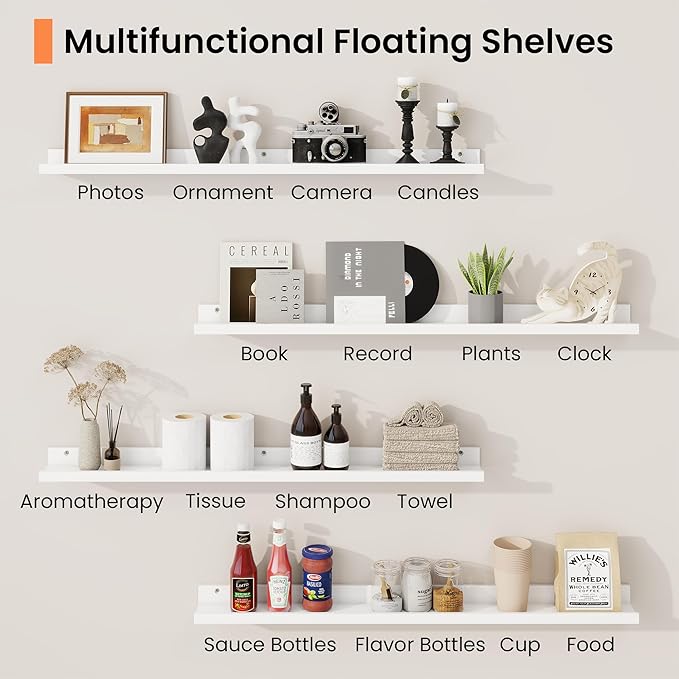 RICHFOCUS Picture Ledge Shelf, 40 inch Floating Shelves Set of 2, Wood Wall Shelves with Lip, Wall Decor Storage for Bedroom Living Room Bathroom Kitchen Nursery Photo Picture, White