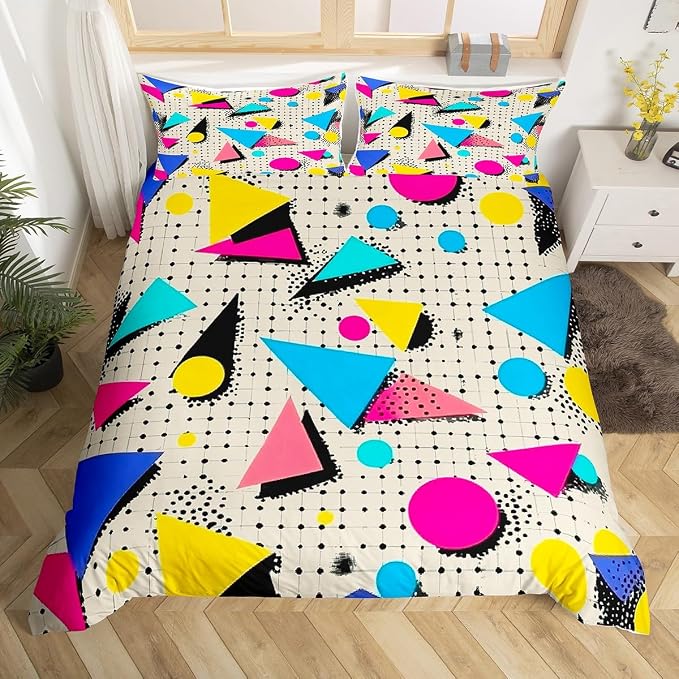 80s 90S Fashion Style Bedding Set Queen Size,Retro Memphis Style Pattern with Geometrical Shapes Duvet Cover for Kids Child,Funky Hipster Old Fashioned Comforter Cover Geometric Bedroom Decor