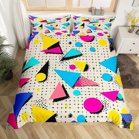 80s 90S Fashion Style Bedding Set Queen Size,Retro Memphis Style Pattern with Geometrical Shapes Duvet Cover for Kids Child,Funky Hipster Old Fashioned Comforter Cover Geometric Bedroom Decor