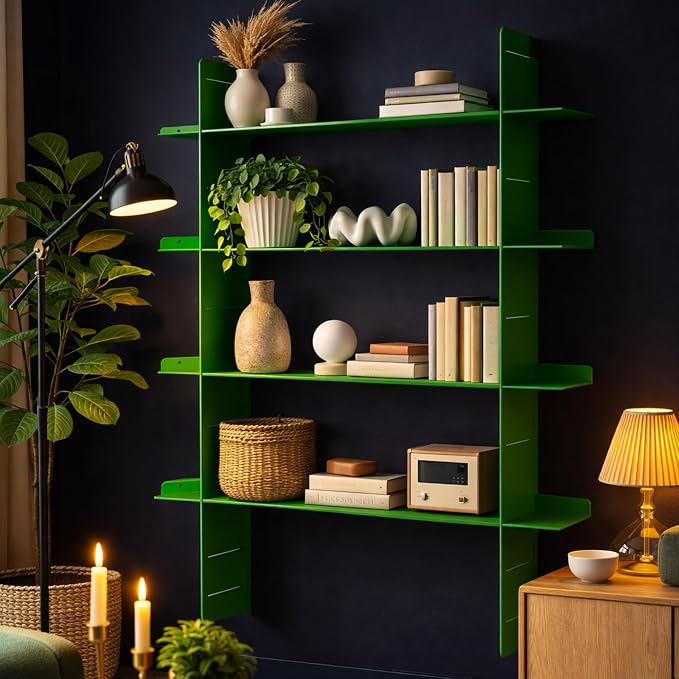 Metal Wall Mounted Floating Book Shelf, 4 Tier Storage Shelves, Easy Installation Display Shelf，Including 2 uprights+4 Shelves ，Storage Unit for Students, Housewives, and Collectors (Green)