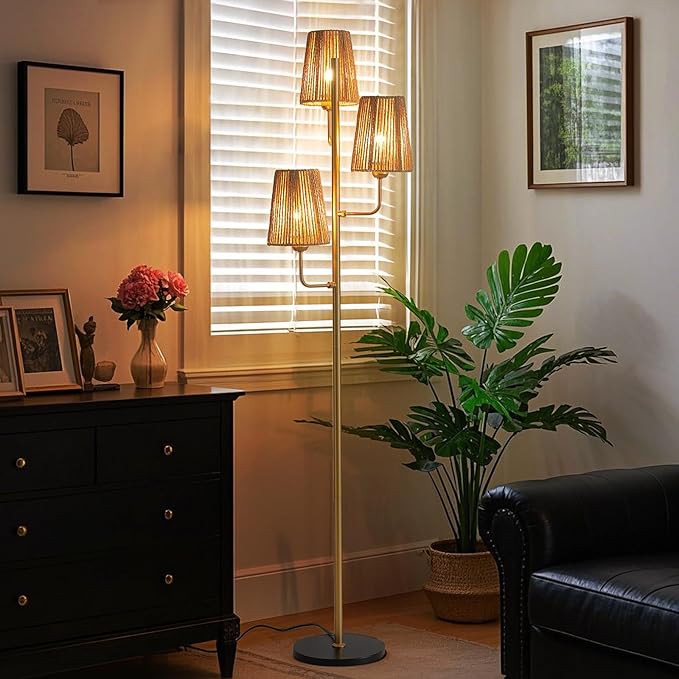 Boho Floor Lamp for Living Room: 3 Light Rattan Floor Lamp for Bedroom, Gold Standing Lamp with Foot Switch, Coastal Rustic Tall Lamp, No Bulb