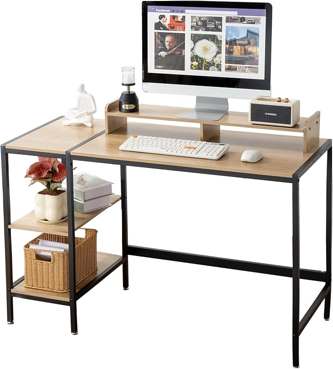 47-inch Computer Desk with Storage Shelf - Natural Wood Ideal Gaming Desk for Bedrooms, Small Spaces, and Home Offices Modern Writing Desk for PCs.