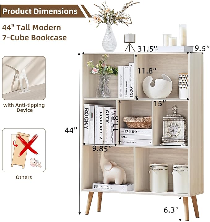 LEYAOYAO Cube Bookshelf 3 Tier Mid-Century Light Grey White Modern Bookcase with Legs,Retro Wood Bookshelves Storage Organizer Shelf,Freestanding Open Book Shelves for Bedroom,Living Room,Office