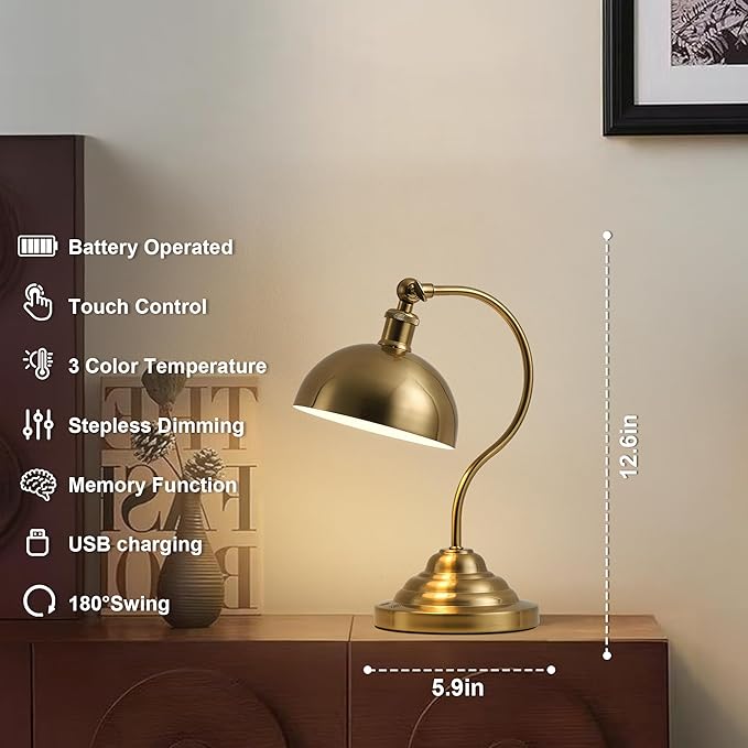 KARTOOSH Cordless LED Table Lamp Set of 2, Battery Operated Desk Lamps with Swing Arm & Plastic Shade, Vintage Small Rechargeable Dimmable Light for Bedroom, Living Room, Nightstand, Brass