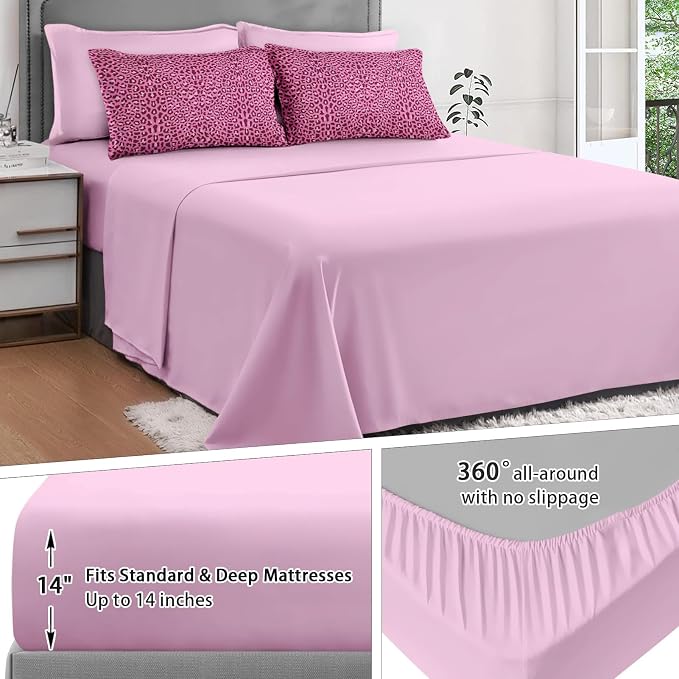 7Pcs Comforter Set King Size, Pink Leopard Cheetah Print, Bedding Decor Wildlife Animal Skin Bedroom Bed Set Flat Sheet Fitted Sheet Pillowcases Shams for Kids Adults