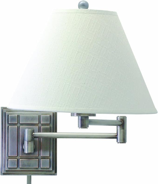 House of Troy WS750-AS Swing-Arm Wall Lamp with White Linen Hardback Shade, 15", Antique Silver
