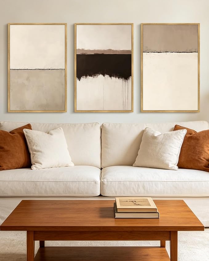 KUVIOKE Abstract Framed Canvas Wall Art Minimalist Beige Gray Pastel Watercolor Wall Decor Modern Illustration Neutral Art Painting for Bedroom Dining Room 16x24in (Natural Framed)