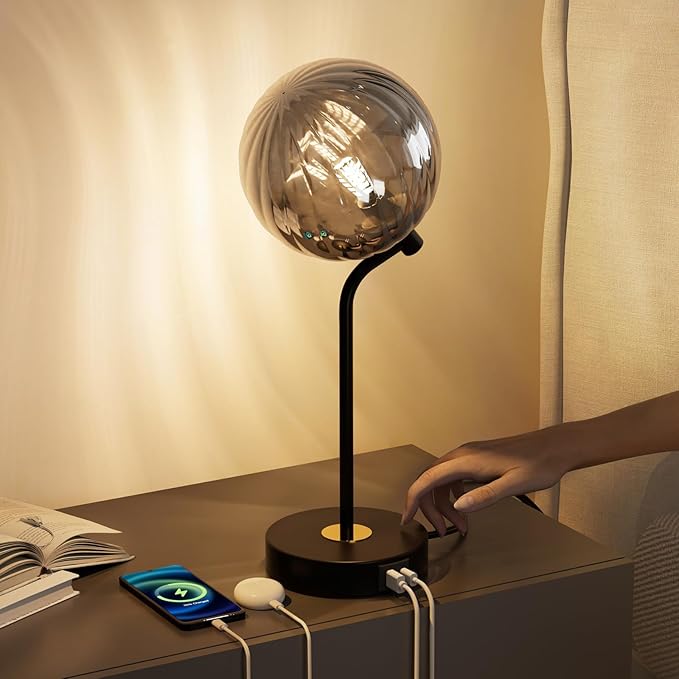 M14-2 Metro Sphere Glass Table Lamp - Mid Century Modern Night Stand Lamp with 3-Way Dimmable, USB Charging Ports, Minimalist Decorative Lamps for Living Room,Bedroom,Home Decor