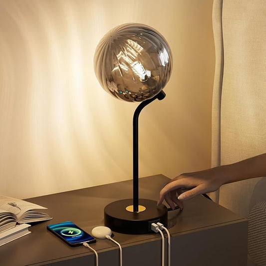 M14-2 Metro Sphere Glass Table Lamp - Mid Century Modern Night Stand Lamp with 3-Way Dimmable, USB Charging Ports, Minimalist Decorative Lamps for Living Room,Bedroom,Home Decor