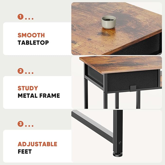 DUMOS 48" Small Computer Home Office Desk for Bedroom with Drawers, Gaming Writing Study Table with Storage Shelf, Adjustable Feet, Metal Frame Natural Brown