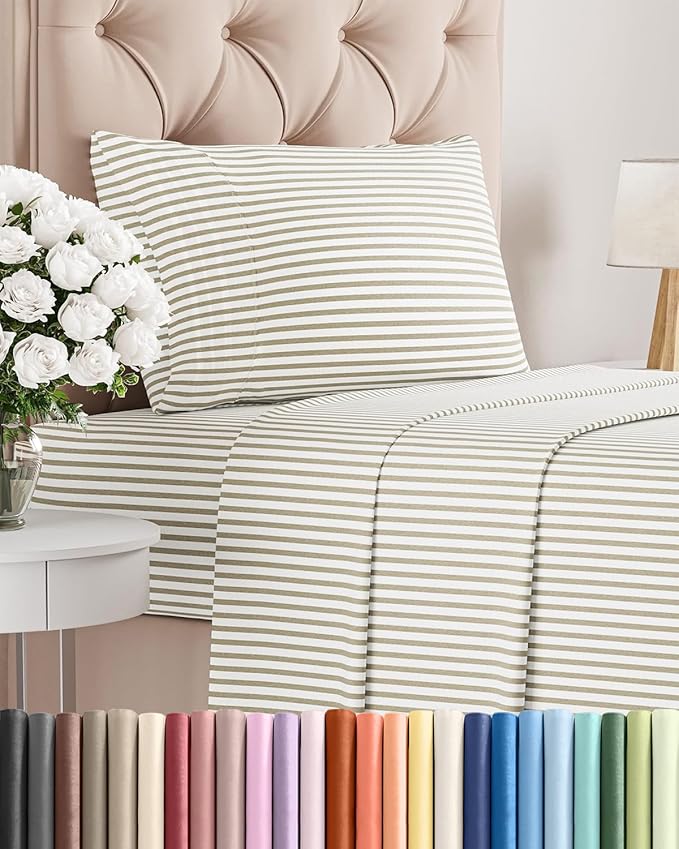 Twin Size 3 Piece Sheet Set - Comfy Breathable & Cooling Sheets - Hotel Luxury Bed Sheets for Women & Men - Deep Pockets, Easy-Fit, Soft & Wrinkle Free Sheets - Beige Stripes Oeko-Tex Bed Sheet Set