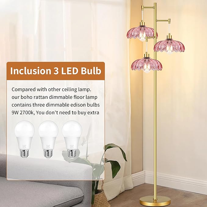 ILLMTW Pink Floor Lamp for Living Room,Bedroom,Gold Flower Mid Century Modern Standing Lamp Brass Tree 3 Light Tall Floor Lamps Vintage Floor Lights Glass Lamp Shade Farmhouse Boho Bohemian