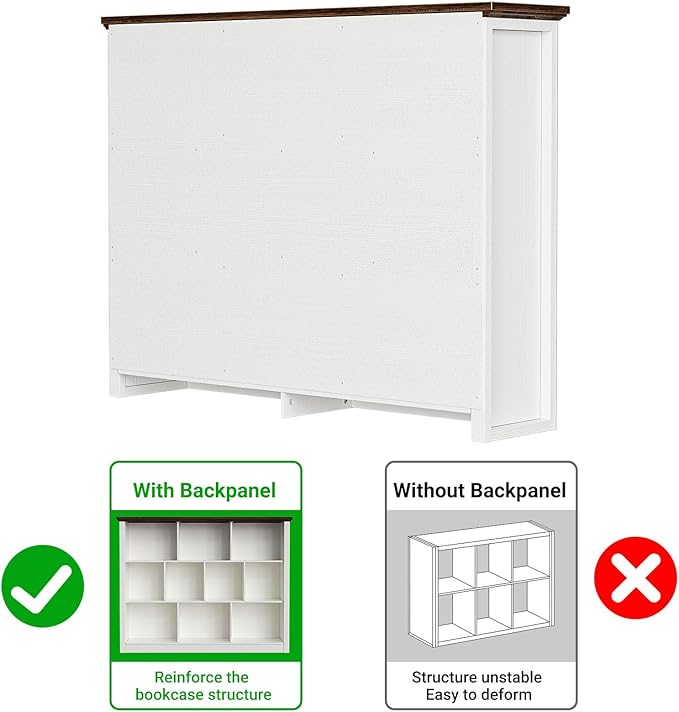 Unikito 10 Cube Storage Book Shelf - 50" Wide Wood Cube Storage Organizer, Wooden 3 Tiers Floor Standing Low Bookcase for Living Room, Bedroom, Home Office, Kids Room, Rustic White and Brown