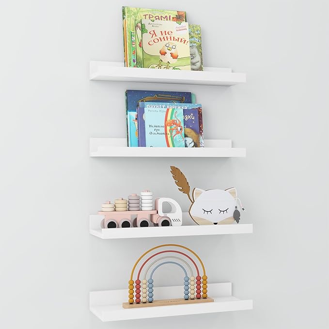 Axeman Picture Ledge Shelf | 16 Inch White Floating Shelves Set of 4 | Rustic Wood Wall Shelves with Lip | 16" Picture Shelves for Wall with Ledge | White Photo Shelves