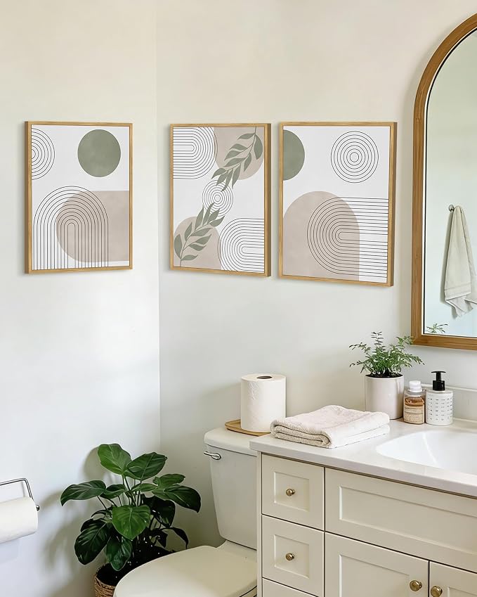 Drsoum Green Bohemian Wall Art Framed Boho Plant Sage Wall Decor Abstract Geometry Artwork Bedroom Home Office Living Room Prints Ready to Hang 11x14in Natural Framed
