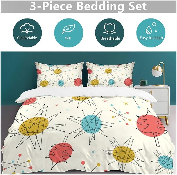 Mid Century Duvet Cover Queen Retro Atomic Bedding Set, Rainbow Grid Comforter Cover Vintage Fifties 1950s Bed Set，Abstract Art Bedding 3 Piece (1 Duvet Cover 90"x90" + 2 Pillow Sham 20"x30")